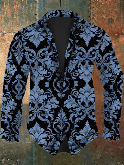 Men's abstract retro art pattern printed casual fashion lapel long sleeved shirt