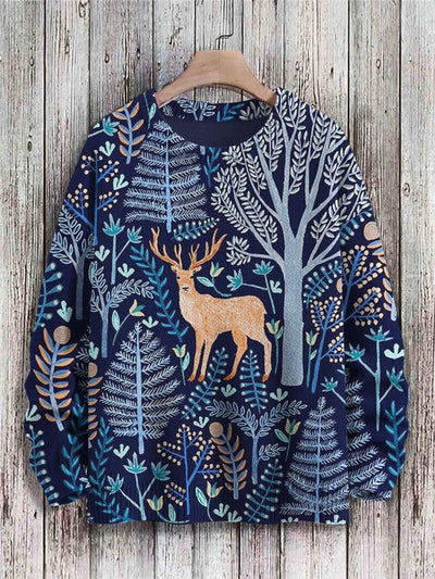 Unisex Forest Deer Print Casual Crewneck Sweater