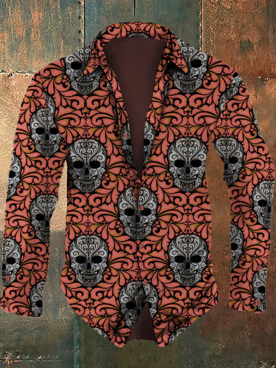 Men's skull retro art pattern print casual fashion lapel long sleeved shirt