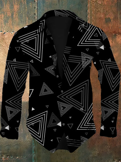 Men's abstract geometric art pattern printed casual fashion lapel long sleeved shirt