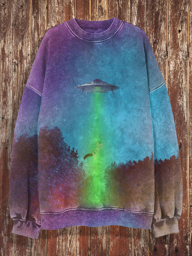 Unisex UFO Cat Print Crew Neck Casual Sweatshirt