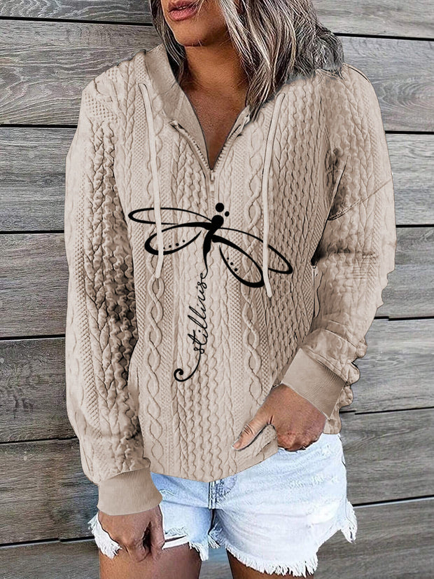 Dragonfly Printed Chunky Knit Textured Drawstring Long Sleeved Casual Sweatshirts