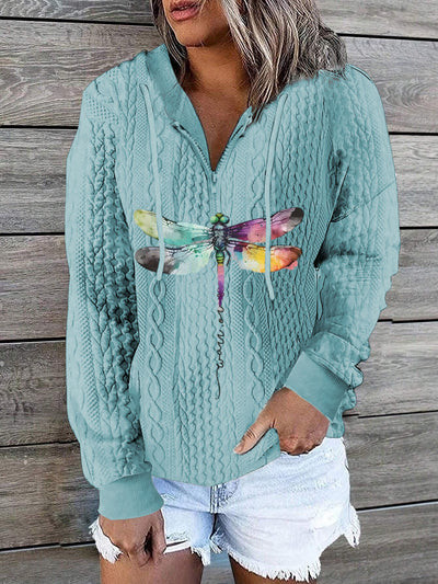 Dragonfly Printed Chunky Knit Textured Drawstring Long Sleeved Casual Sweatshirts