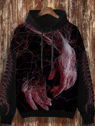 Unisex bone vascular retro printed casual loose long sleeved hooded sweatshirt