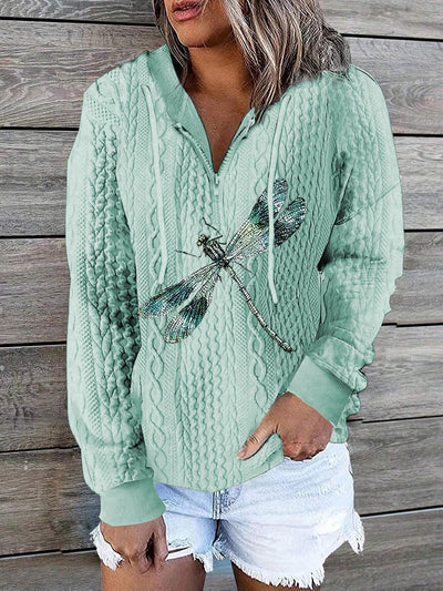 Dragonfly Printed Chunky Knit Textured Drawstring Long Sleeved Casual Sweatshirts