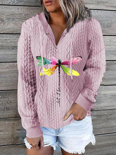 Dragonfly Printed Chunky Knit Textured Drawstring Long Sleeved Casual Sweatshirts