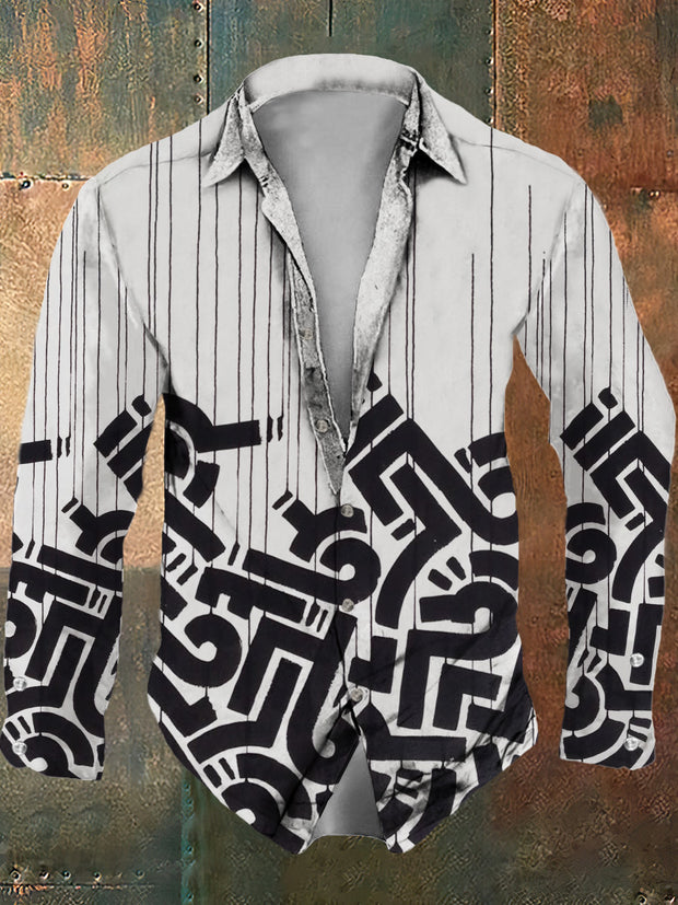 Men's abstract retro pattern art print casual fashion lapel long sleeved shirt