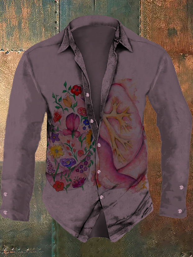 Men's abstract retro pattern art print casual fashion lapel long sleeved shirt