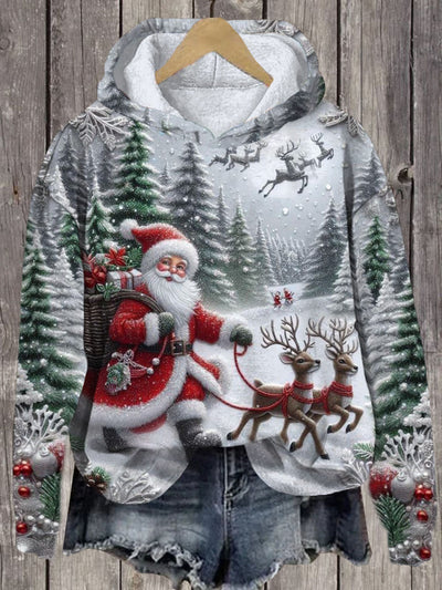 Unisex Santa Claus And Reindeer In The Snow Print Long Sleeve Hoodie