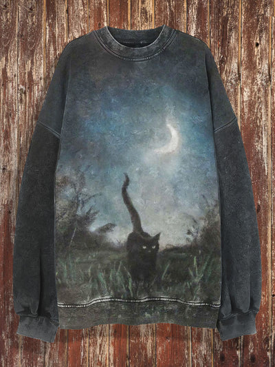 Unisex Moon And Cat Print Halloween Crew Neck Casual Sweatshirt