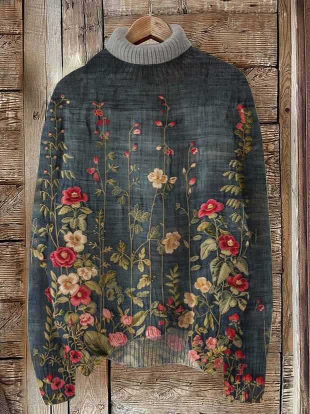 Art Vintage Floral Abstract Print Turtleneck Sweater