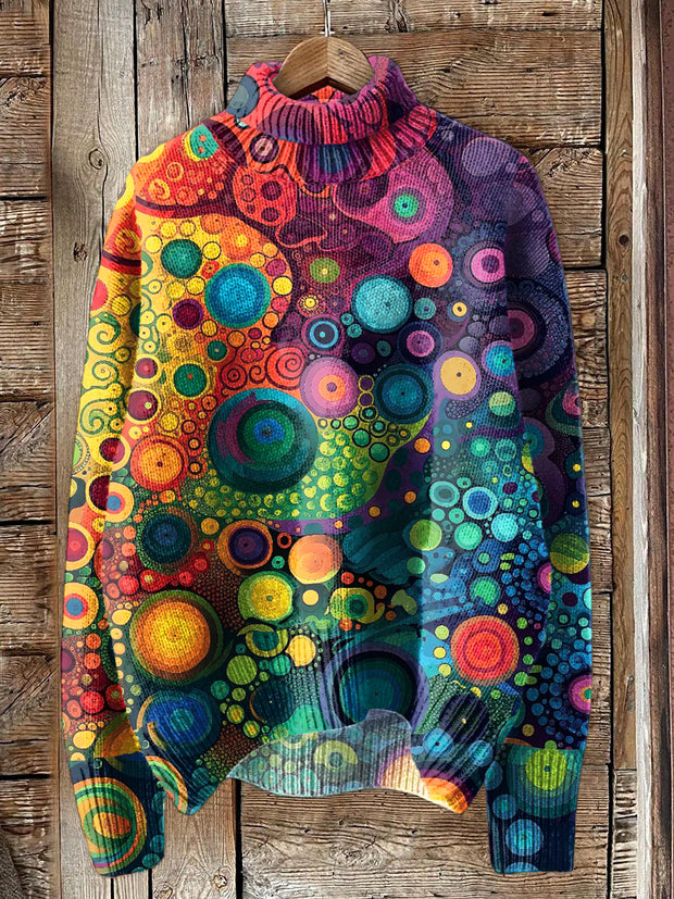 Abstract Color Circle Art Print Knit Turtleneck Pullover