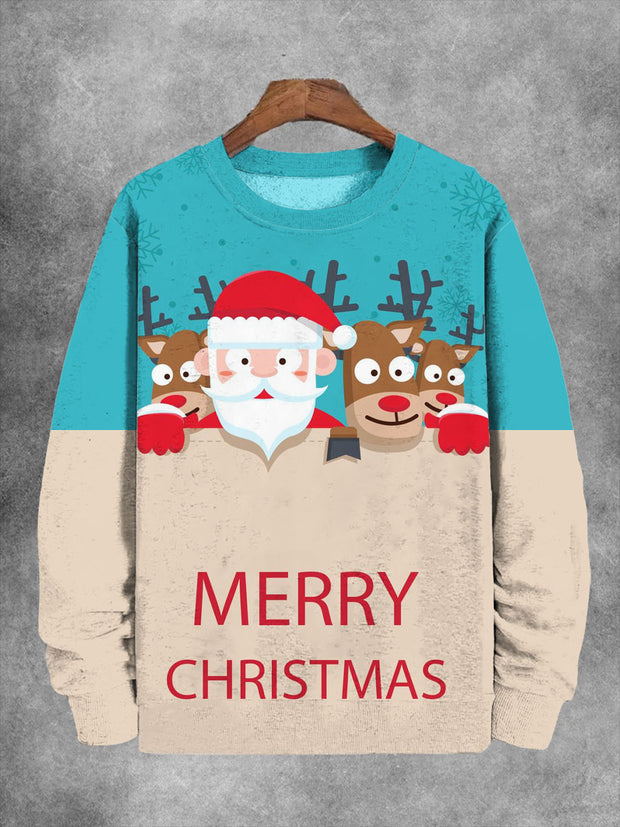 Unisex Santa Claus And Reinderr Print Long Sleeve Sweatshirt