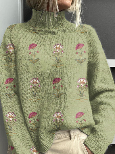 Women's Vintage Lovely Floral Art Print Knit Turtleneck Pullover Sweater