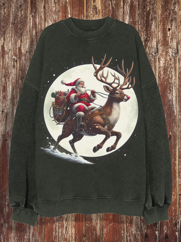 Unisex retro Santa Claus and reindeer pattern design art print casual loose round neck long sleeved sweatshirt