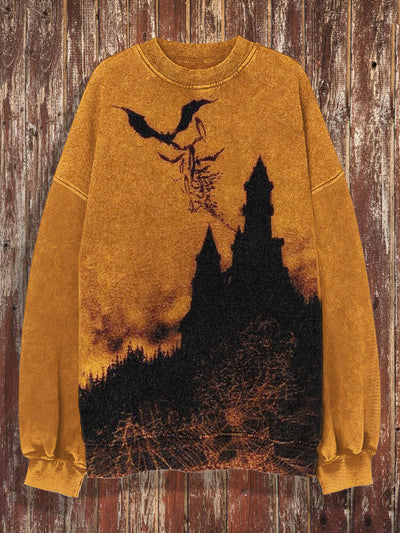 Unisex Bat Castle Print Halloween Crew Neck Casual Sweatshirt