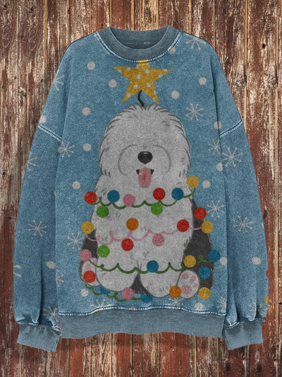 Unisex Christmas retro cute puppy art print casual loose round neck long sleeved hoodie