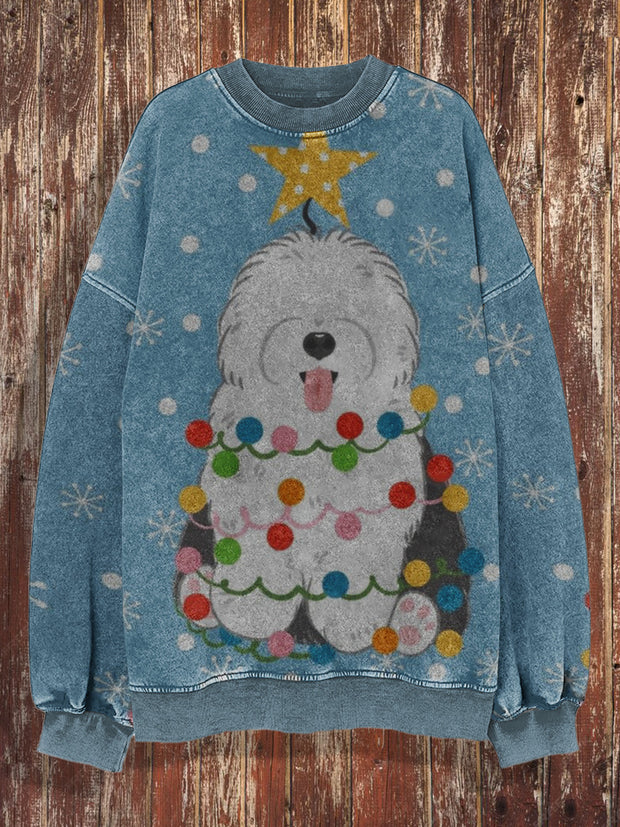 Unisex Christmas retro cute puppy art print casual loose round neck long sleeved hoodie