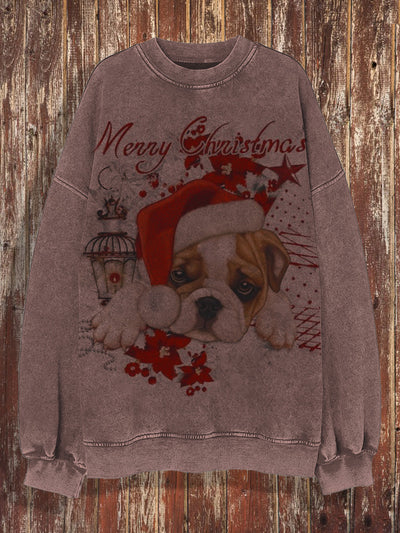 Unisex Christmas retro cute puppy art print casual loose round neck long sleeved hoodie