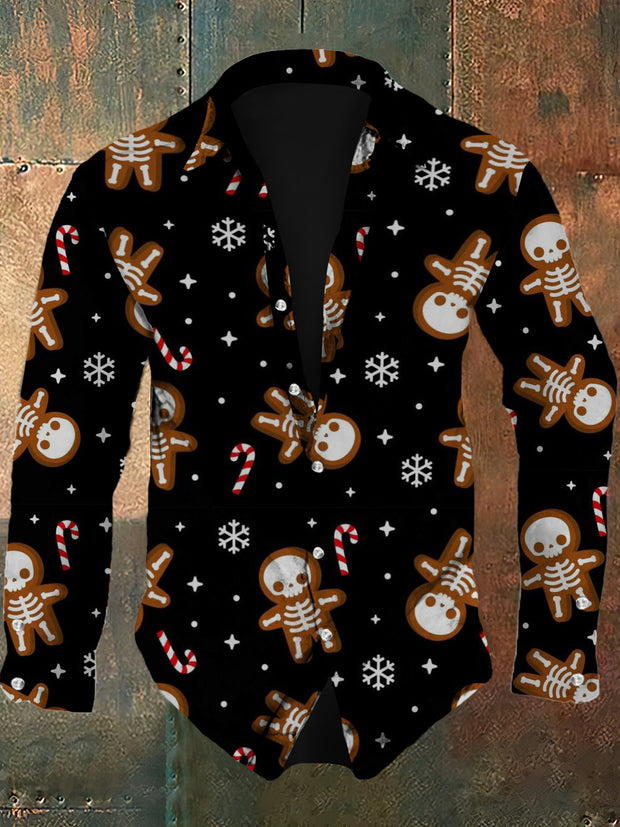 Men's Christmas Retro Skull Pattern Printed Casual Fashion Collar Long Sleeve Shirt