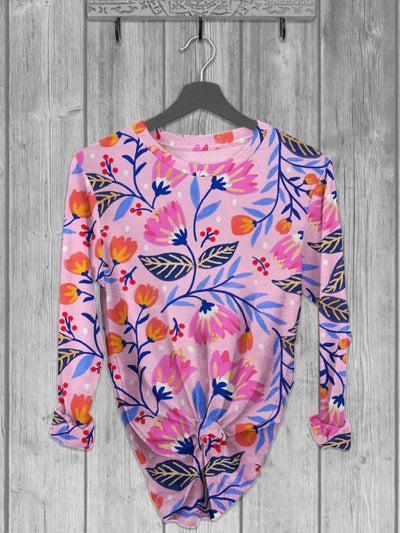 Unisex Abstract Flowers Printed crew neck casual long T-shirt