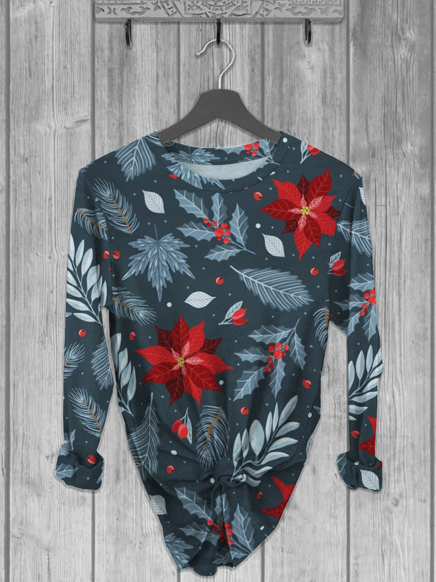 Unisex Mistletoe And Leaves Printed crew neck casual long T-shirt