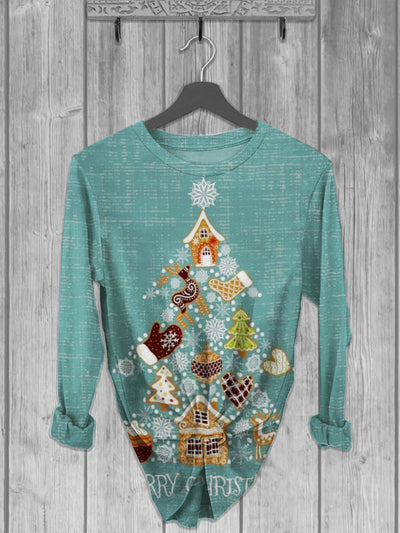 Unisex Christmas Tree Printed crew neck casual long T-shirt