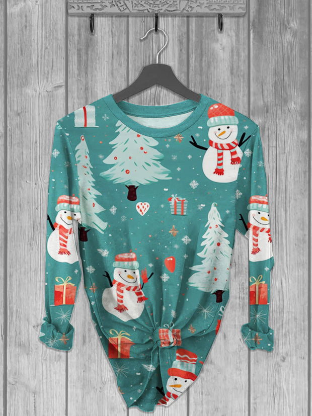 Unisex Christmas Tree And Snowman Printed crew neck casual long T-shirt