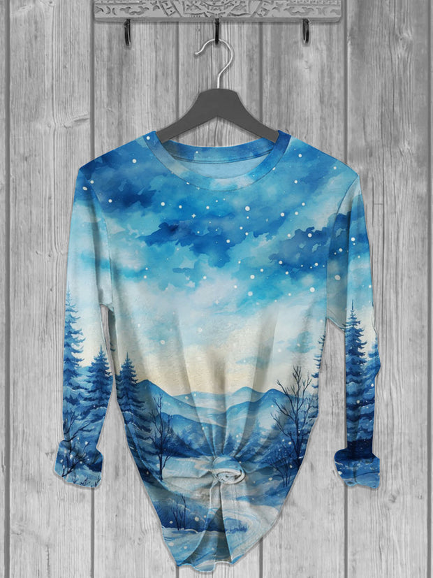 Unisex Mountains Trees And Clouds Printed crew neck casual long T-shirt