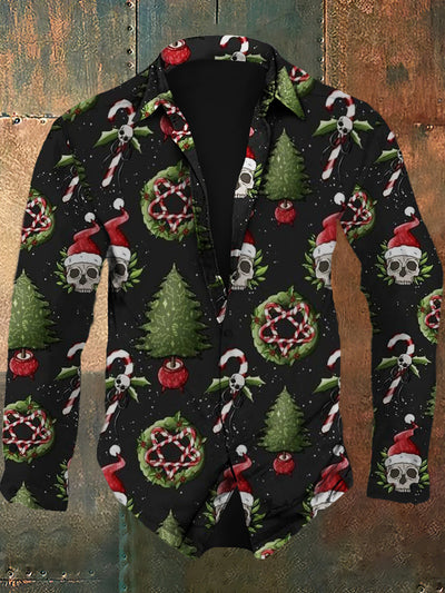 Men's Christmas Retro Skull Pattern Printed Casual Fashion Collar Long Sleeve Shirt