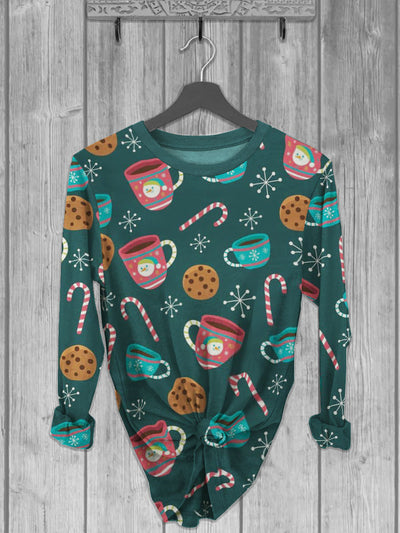 Unisex Christmas Eggnong And Candy Canes Printed crew neck casual long T-shirt