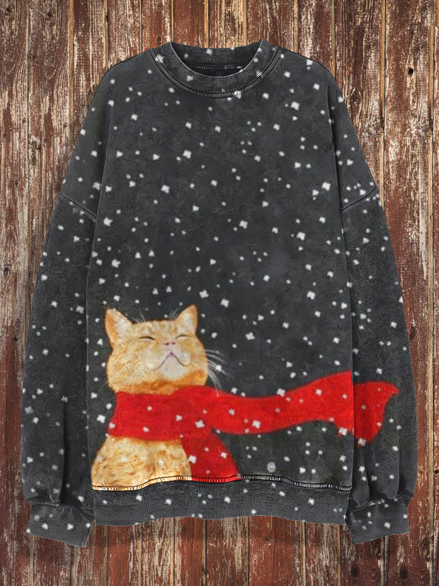 Unisex Funny Cat Print Christmas Crew Neck Casual Sweatshirt