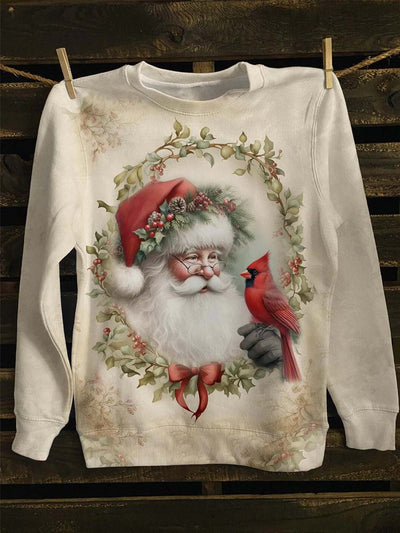 Unisex Vintage Santa Claus Red Bird Print Casual Sweatshirt