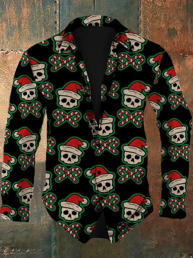 Men's Christmas Retro Skull Pattern Design Printed Casual Fashion Collar Long Sleeve Shirt