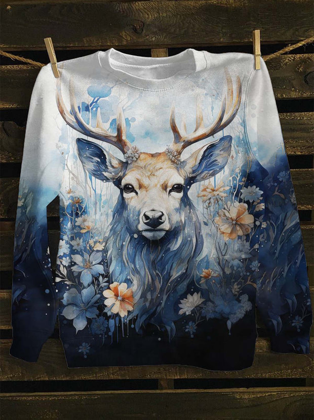 Unisex Floral Reindeer Print Casual Sweatshirt