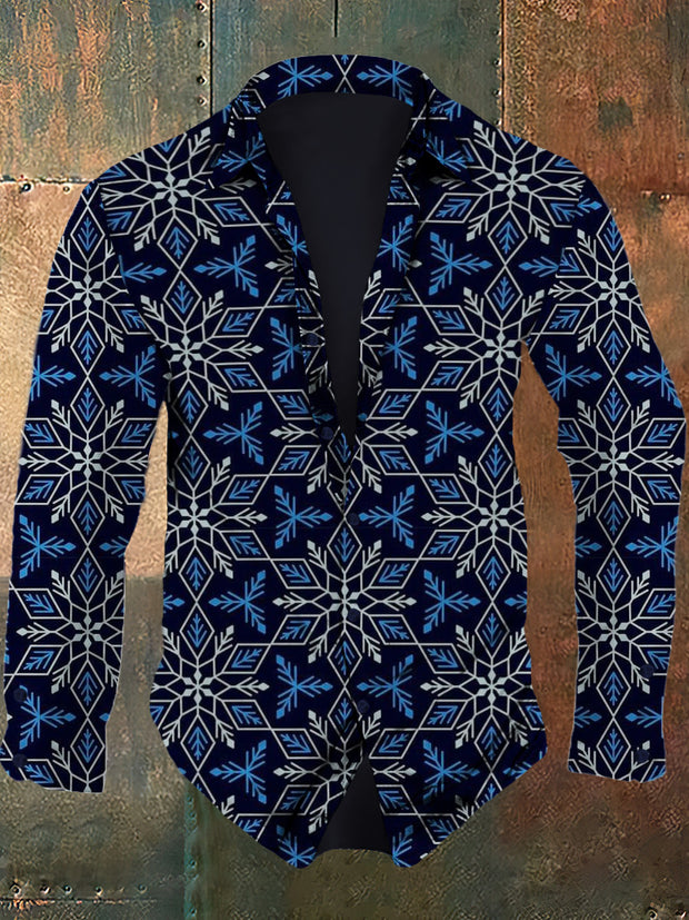 Men's retro snowflake pattern design printed casual and fashionable lapel long sleeved shirt