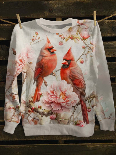 Unisex Vintage Floral Red Bird Printed Casual Sweatshirt