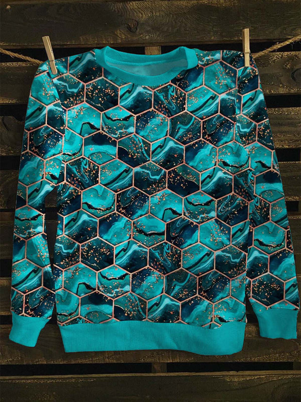 Unisex Vintage Emerald Green Hexagon Print Casual Sweatshirt