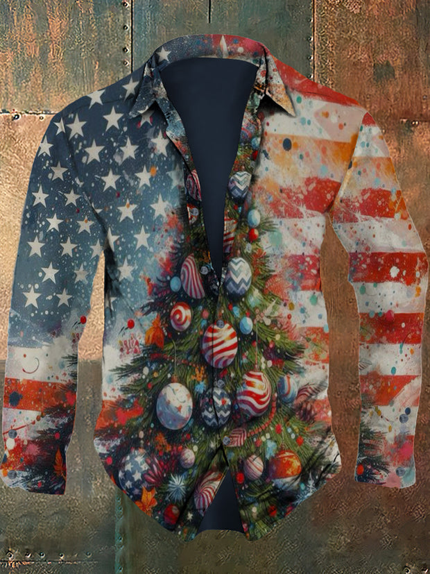 Men's Christmas retro pattern design printed casual and fashionable lapel long sleeved shirt