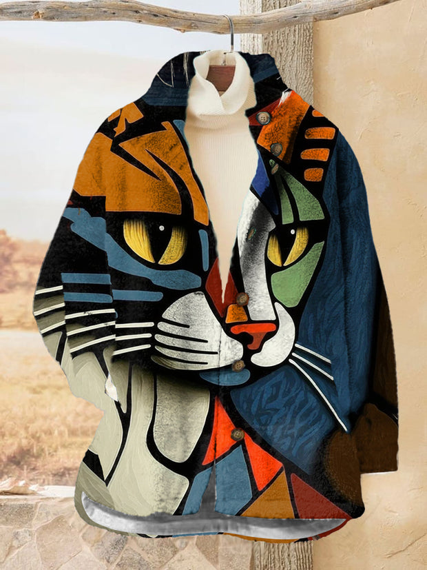 Male Female Abstract Cat Printed Flannel Long Sleeved Casual Coat