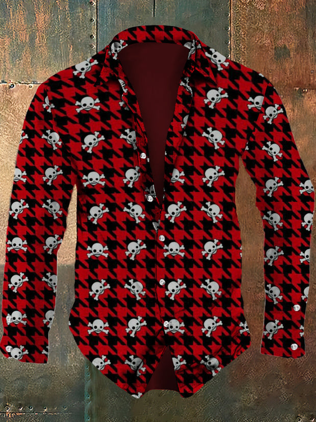 Men's retro skull pattern design printed casual and fashionable lapel long sleeved shirt