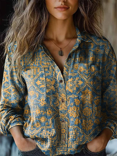 Women's Vintage Romantic Geometric Floral Casual Art Print Long Sleeve Lapel Shirt