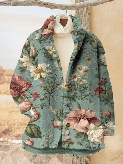 Women's Floral Printed Flannel Long Sleeved Casual Coat