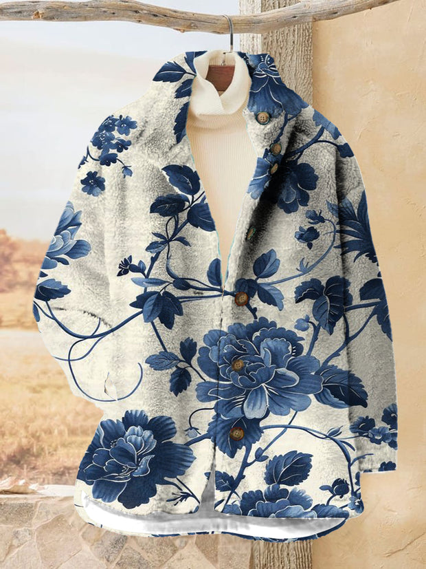 Women's Floral Printed Flannel Long Sleeved Casual Coat