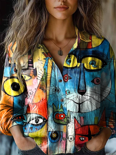 Women's Abstract Animal Casual Art Print Long Sleeve Lapel Shirt