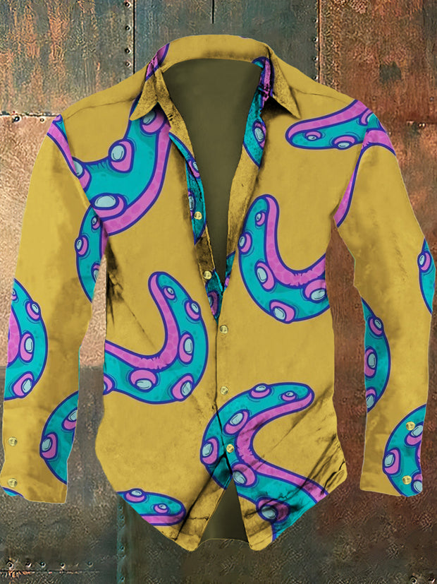 Men's retro cartoon octopus leg print casual fashion lapel long sleeved shirt