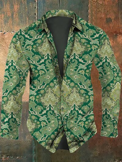 Men's retro continuous pattern printed casual fashion lapel long sleeved shirt