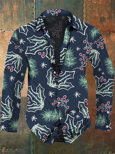 Men's retro Christmas art print casual fashion lapel long sleeved shirt