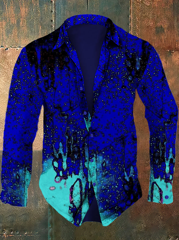 Men's retro abstract art printed casual fashion lapel long sleeved shirt