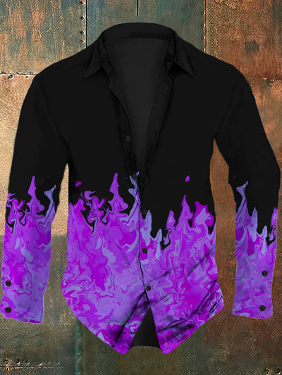 Men's retro abstract flame print casual fashion lapel long sleeved shirt